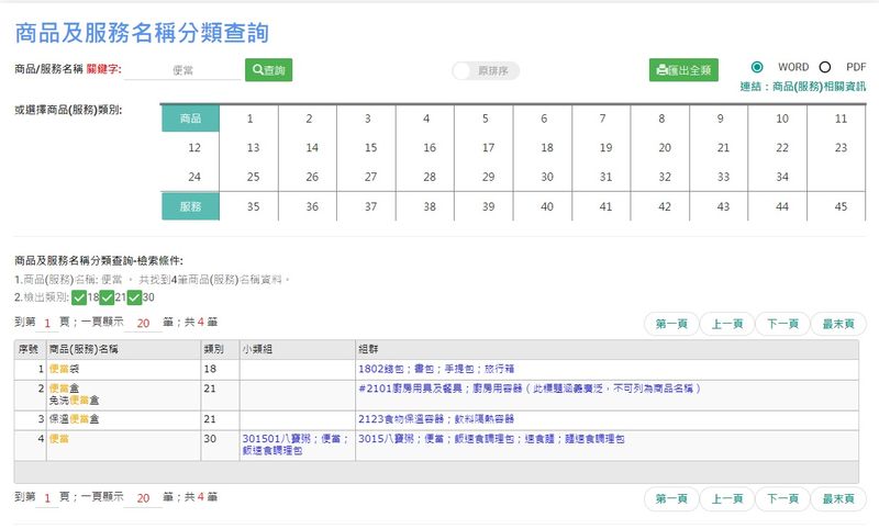申請商標商品及服務名稱分類查詢